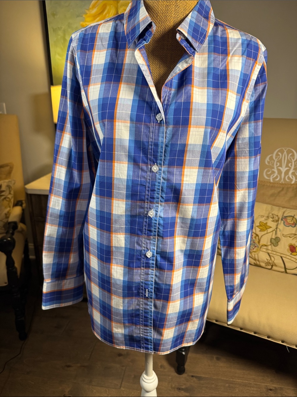 Tyler Boe Blue and White Plaid Button-Down Shirt with Orange Accents
